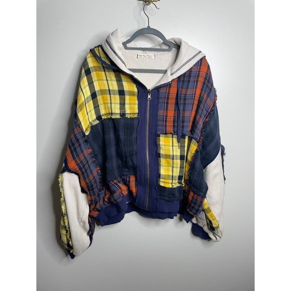 Free People We The Free Patch & Reverse Plaid Hoodie Jacket Slouchy Size L NWT - Picture 4 of 8